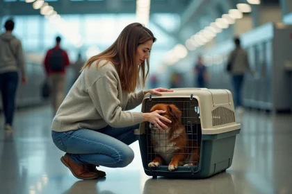 Jeune femme r&eacute;conforte son chien dans une cage &agrave; l'a&eacute;roport