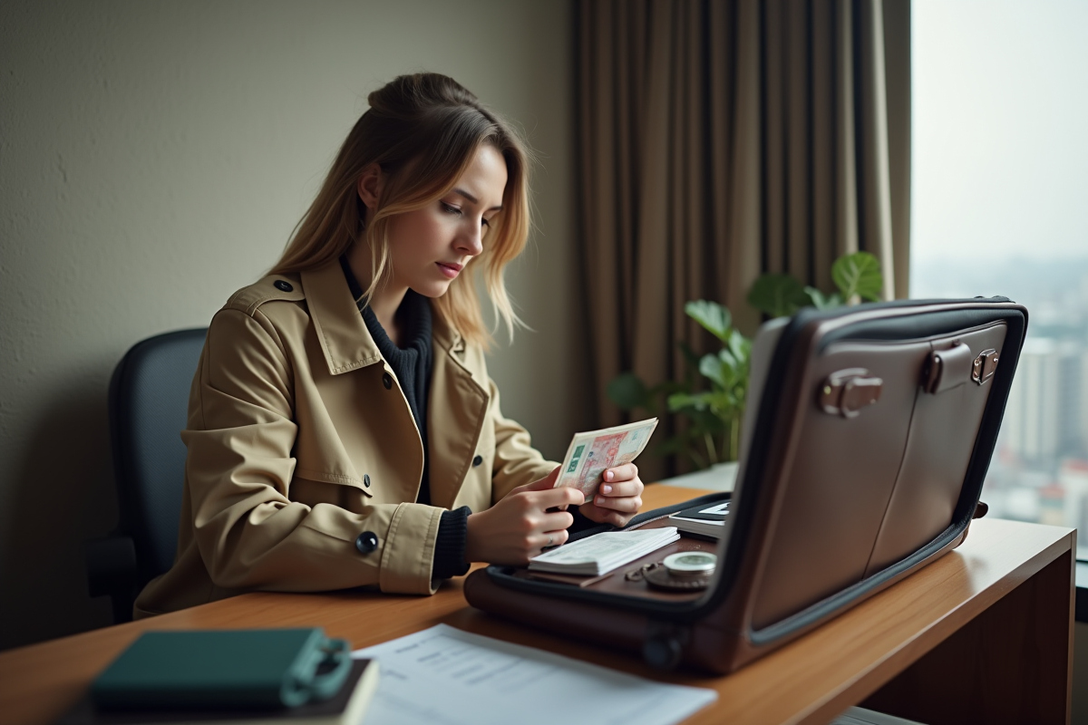 Jeune femme comptant des billets dans une chambre d