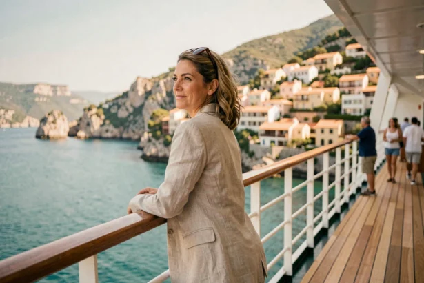 Femme en croisière observant la côte méditerranéenne depuis le pont d'un bateau de croisière