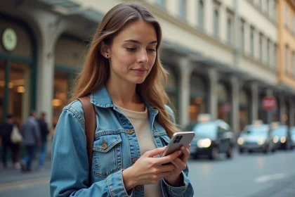 Femme en denim devant une gare italienne authentique
