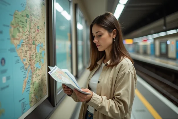 Jeune femme étudie plan de métro à Malaga