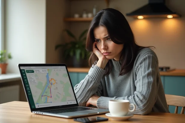 Femme consultant un itinéraire Mappy sur ordinateur portable avec une expression perplexe, erreurs de trajet