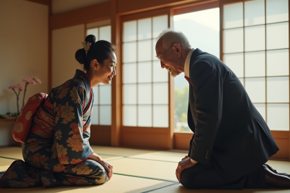 Femme japonaise en kimono faisant un salut respectueux