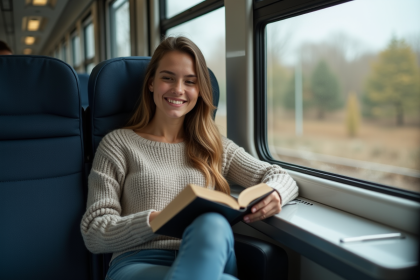 Jeune femme lisant dans un train moderne en voyage
