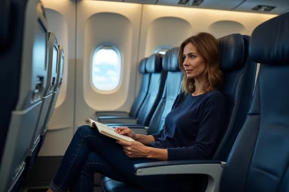 Femme d&eacute;tendue lisant dans un si&egrave;ge d'avion en classe &eacute;conomique