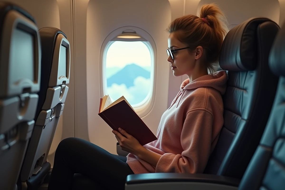 Jeune femme lisant dans un avion long courrier
