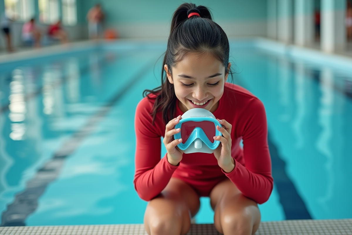 Jeune femme ajustant son masque de snorkel au bord de la piscine