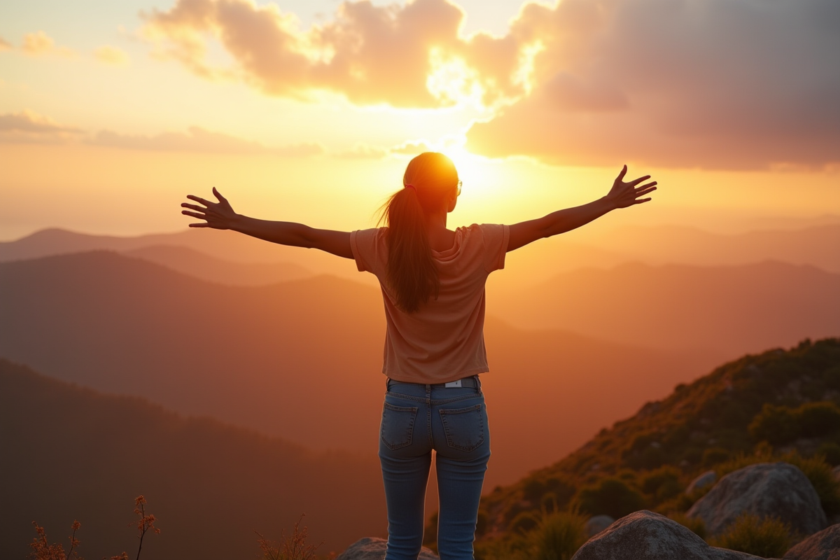 Jeune femme sur un sommet au lever du soleil avec vue panoramique