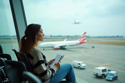 Jeune femme regardant l'aéroport depuis une fenêtre panoramique