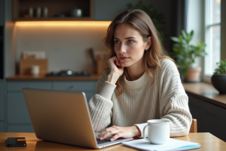 Femme comparant prix d'hôtels sur son ordinateur portable