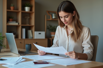 Jeune femme organisant des documents dans un bureau moderne
