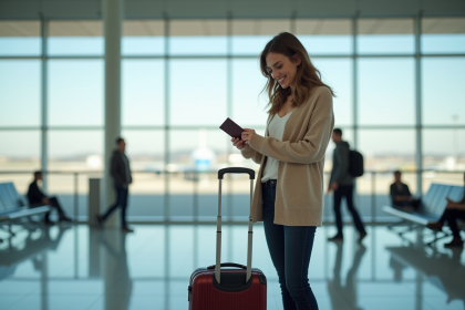Jeune femme vérifiant son passeport à l'aéroport