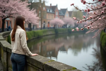 Femme sur un pont de Gand au printemps contemplant les canaux et les façades médiévales reflétées dans l'eau