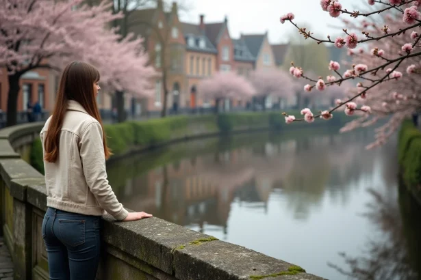 Femme sur un pont de Gand au printemps contemplant les canaux et les façades médiévales reflétées dans l'eau