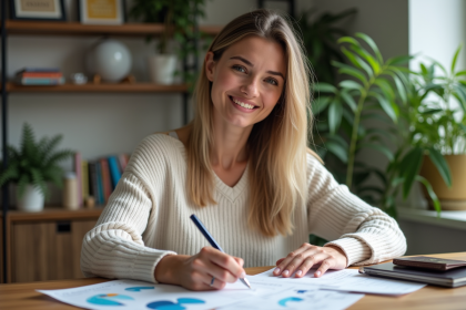 Femme souriante préparant un voyage à la maison