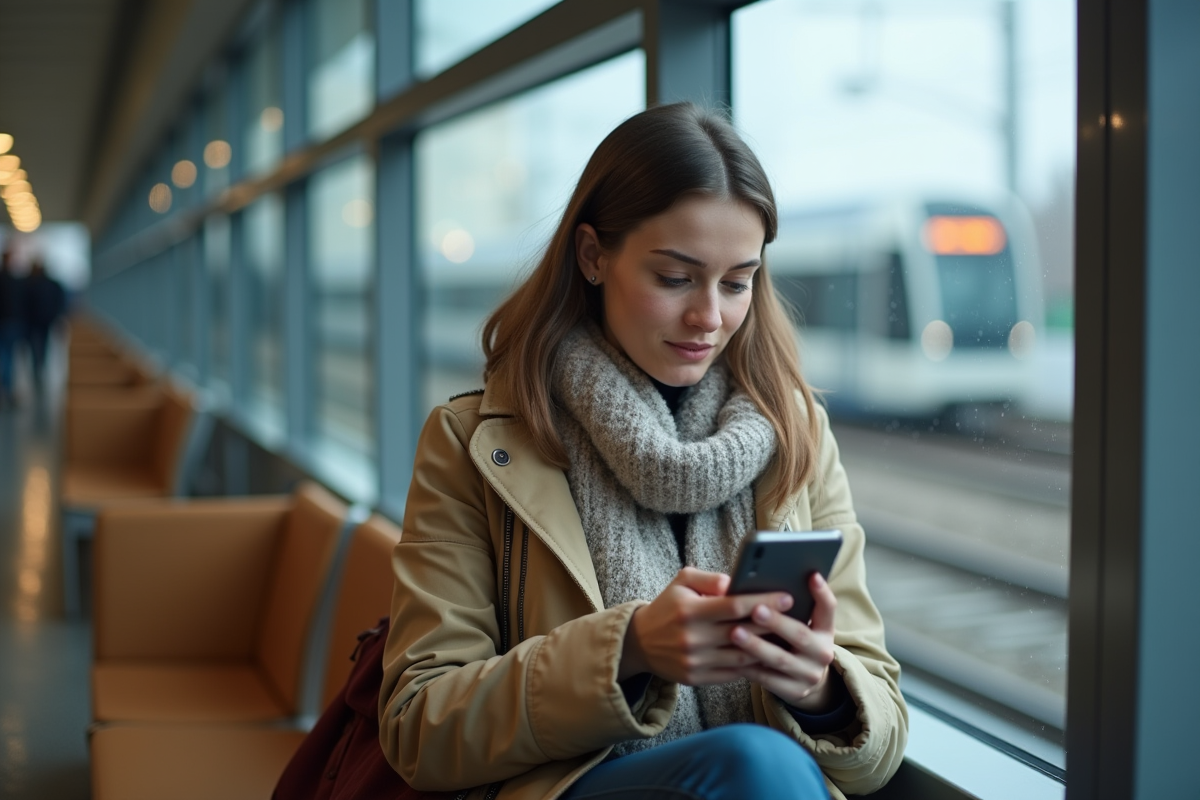Femme seule regardant son smartphone dans une gare