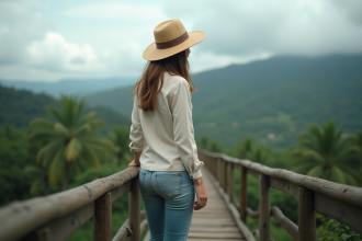 Jeune femme regardant la forêt tropicale au Brésil