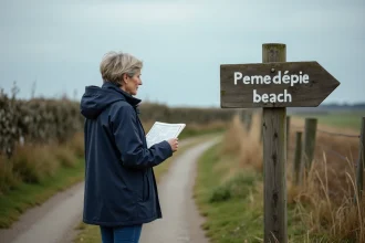 Femme en imperméable regardant un panneau en Normandie