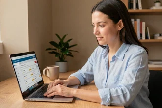 Femme cherchant un vol pas cher sur le site Leclerc Voyages depuis son bureau à domicile