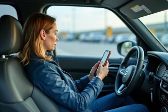 Femme dans sa voiture à Toulouse réservant via smartphone