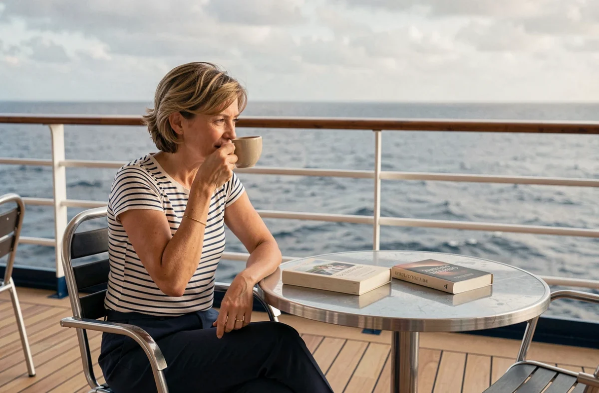 Femme profitant d'un café en solitaire sur le pont promenade d'un paquebot de croisière le week-end