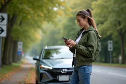 Femme avec smartphone pr&egrave;s d'une voiture hybride &eacute;cologique