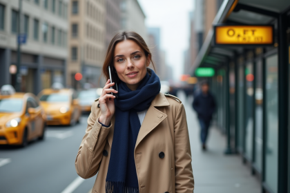 Femme en trench beige et foulard navy parlant au téléphone en ville