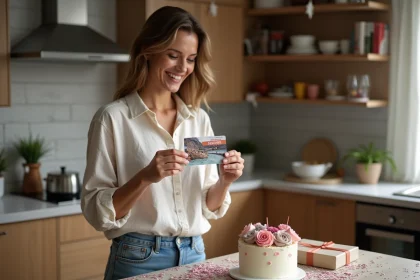 Femme souriante avec carte cadeau voyage lors d'anniversaire