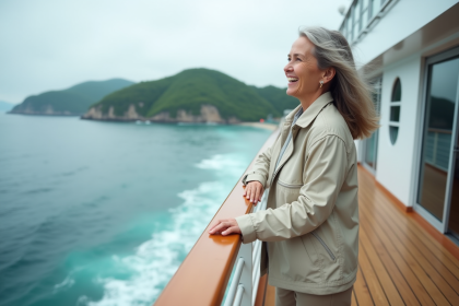 Femme souriante sur le pont d'un bateau moderne regardant la côte
