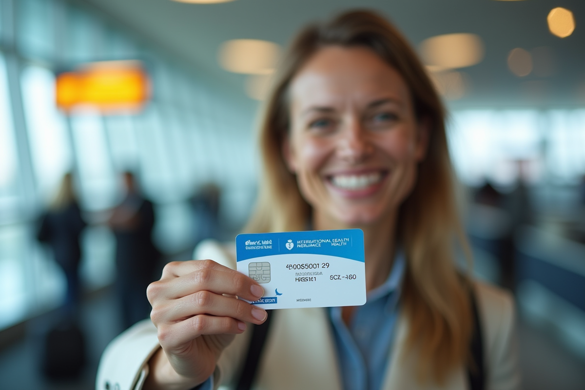 Femme souriante tenant une carte d'assurance santé et passeport à l'aéroport