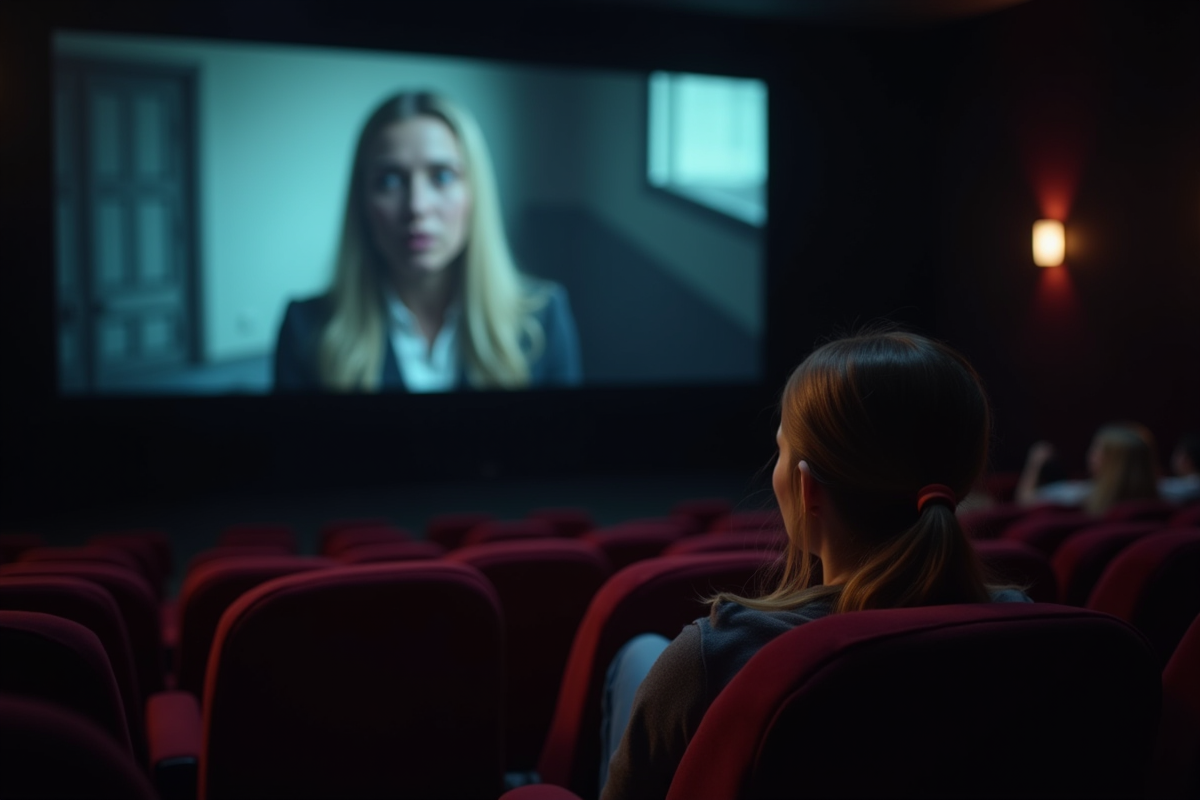 Jeune femme regardant un film dans une salle de cinéma sombre
