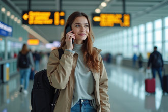 Jeune femme au téléphone à l'aéroport avec signes directionnels