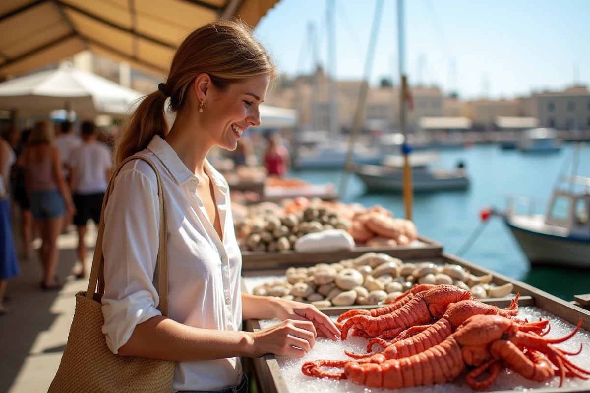 Jeune femme examine des fruits de mer au marché de Marsaxlokk