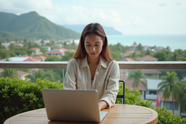 Femme travaillant sur un balcon avec vue sur la ville tropicale
