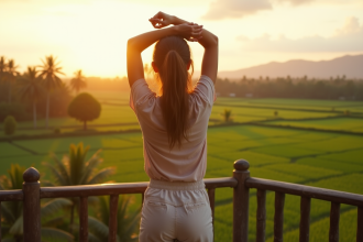 Jeune femme s’étirant sur une terrasse au lever du soleil avec vue sur la nature