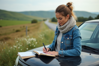 Femme en denim note dans un paysage rural