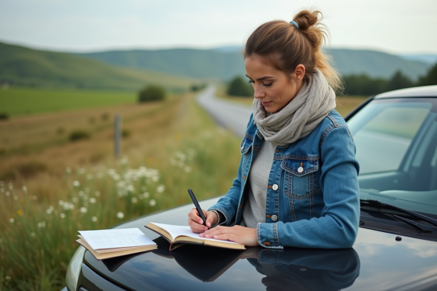 Femme en denim note dans un paysage rural