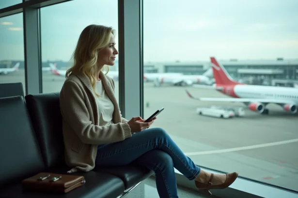 Femme voyageant dans un lounge aéroport avec smartphone