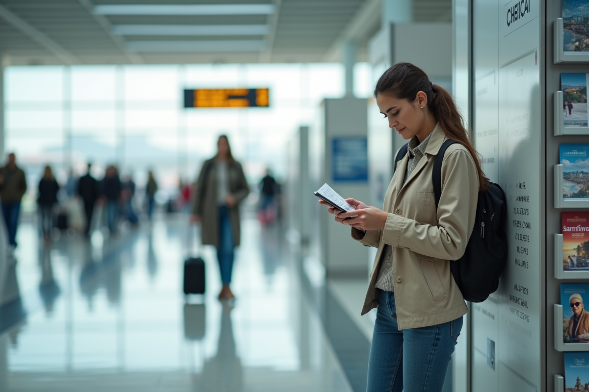 Femme voyageuse consultant son smartphone dans un aéroport