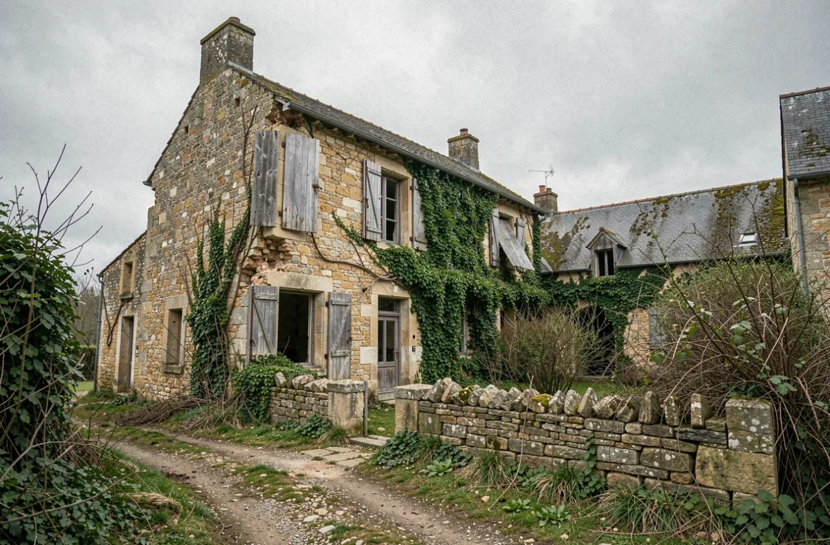 Façade en pierre d'une ferme abandonnée envahie par la végétation dans un village isolé en France