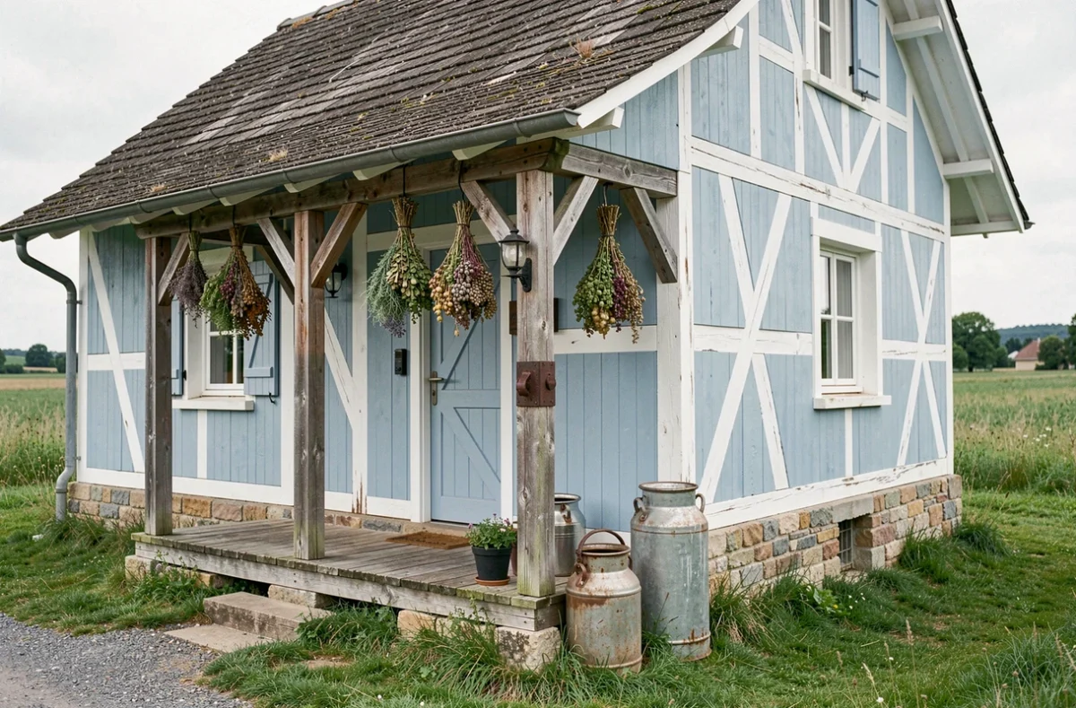 La Ferme Bleue à Uttenhoffen, avec sa façade peinte en bleu alsacien, porche en bois et herbes séchées suspendues