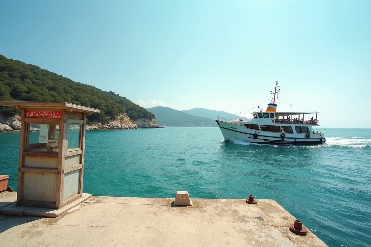 Ferry en partance vers l'île de Porquerolles depuis le port de La Tour Fondue, vue depuis le quai d'embarquement