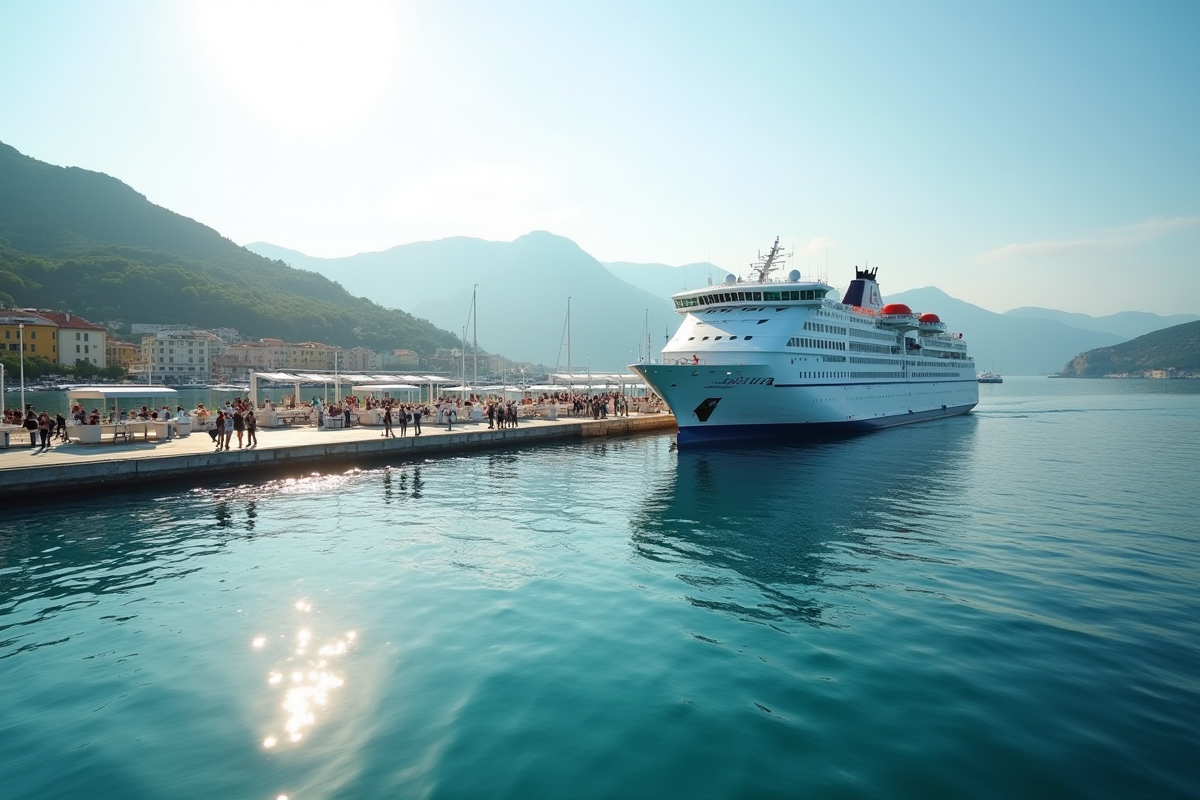 Ferry blanc au port méditerranéen avec collines corses