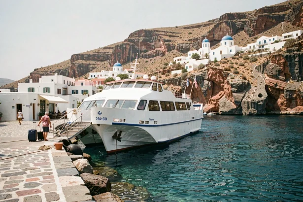 Ferry blanc amarré au port de Folégandros avec des bâtiments blanchis à la chaux sur fond de falaises rocheuses des Cyclades