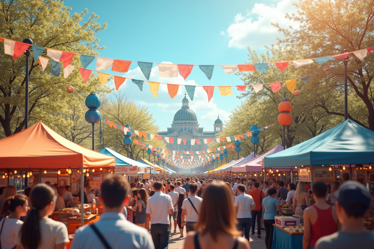 Fête printanière en plein air avec des gens heureux sous un ciel bleu