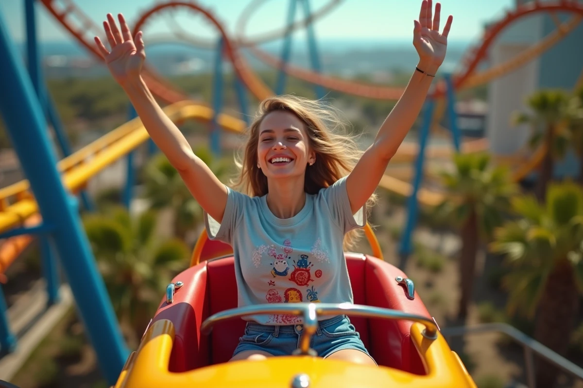 Jeune femme riant sur un roller coaster &agrave; PortAventura
