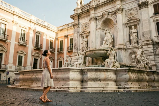 Touriste admirant la Fontana Pretoria à Palerme lors de son premier voyage en Sicile