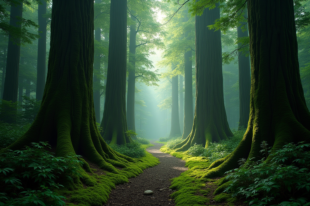Forêt ancienne dense avec brume mystérieuse et sentier secret