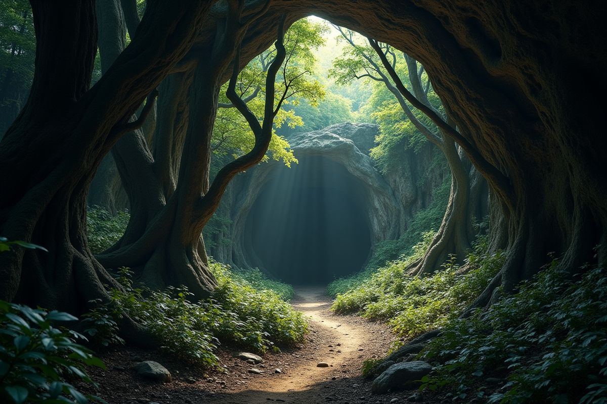 Forêt ancienne avec sentier menant à une grotte sombre