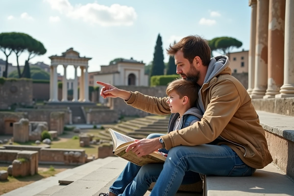 Père et fils explorant les ruines du Forum Romain, symbole de la grandeur de l'Empire romain à Rome